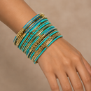 Indian Style 16-Piece Turquoise & Gold Tone Bangle Bracelet Set – 2.6" Diameter | Stackable Boho Ethnic Bangles for Women