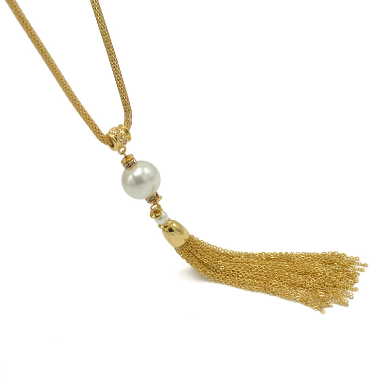 Gold crystal and Cream Pearl long Tassel Necklace
