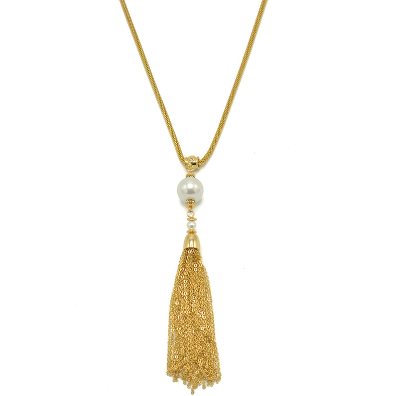 Gold crystal and Cream Pearl long Tassel Necklace