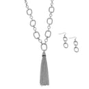 SILVER RECTANGLE LINK CHAIN TASSEL NECKLACE AND EARRING SET