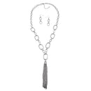 SILVER RECTANGLE LINK CHAIN TASSEL NECKLACE AND EARRING SET