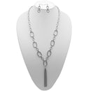 SILVER RECTANGLE LINK CHAIN TASSEL NECKLACE AND EARRING SET