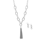 SILVER RECTANGLE LINK CHAIN TASSEL NECKLACE AND EARRING SET