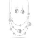 Silver Tone 3 row wire with round disc necklace and earrings set