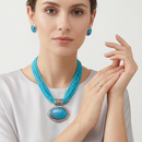 Turquoise Multi-Strand Statement Pendant Necklace & Matching Earrings Set – Silver Tone Oval Stone Jewelry