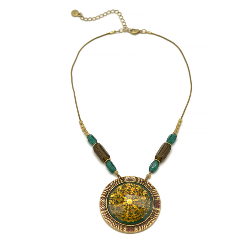 Antique Gold Flower Green Round Faceted Pendant Green And Smokey Beads  Necklaces