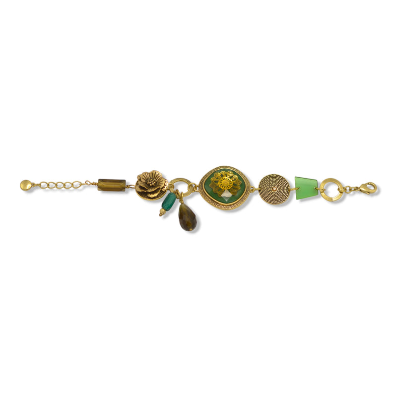 Antique Gold Flower Green Faceted Pendant Green And Smokey Beads bracelet