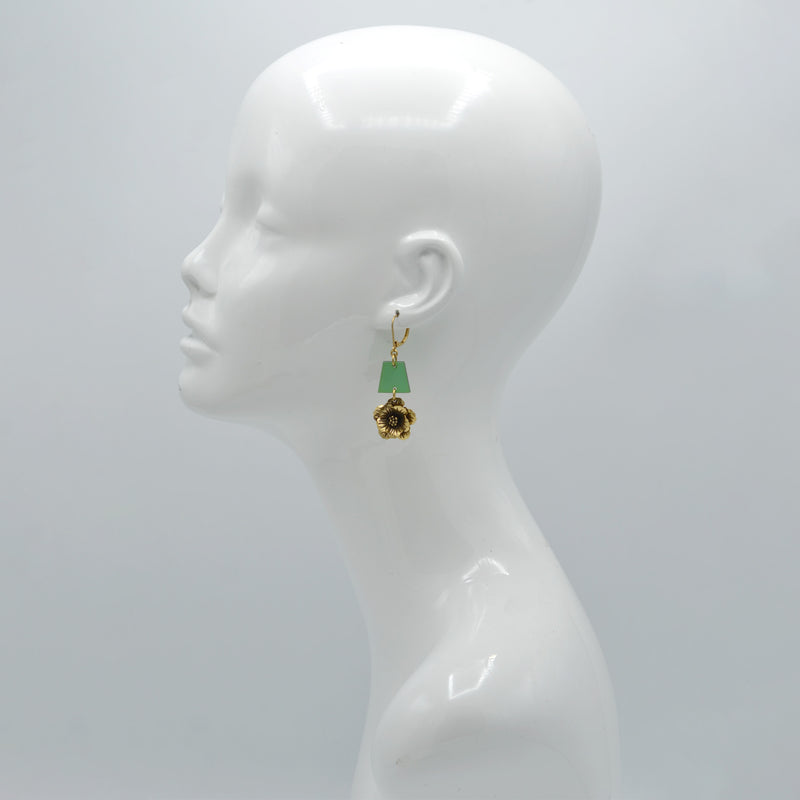 Antique Gold Flower Green Drop Earrings