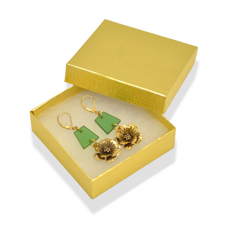 Antique Gold Flower Green Drop Earrings