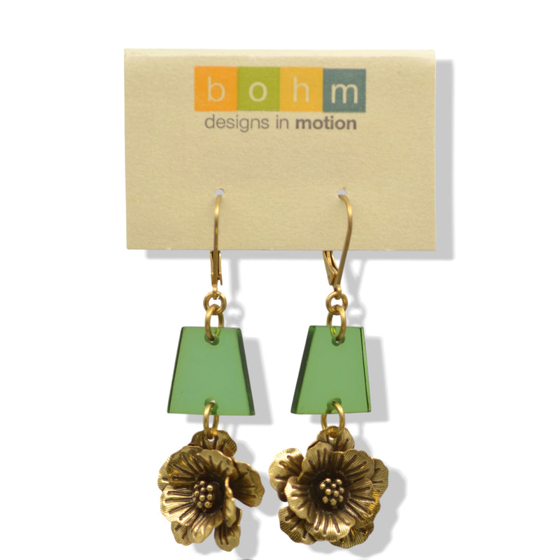 Antique Gold Flower Green Drop Earrings