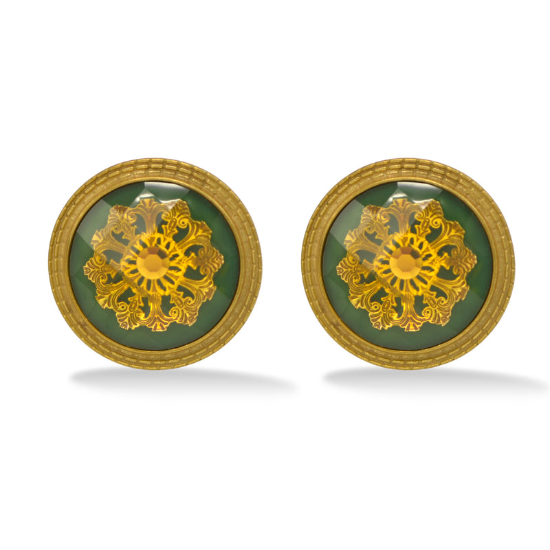 ANTIQUE GOLD GREEN ROUND CLIP EARRINGS