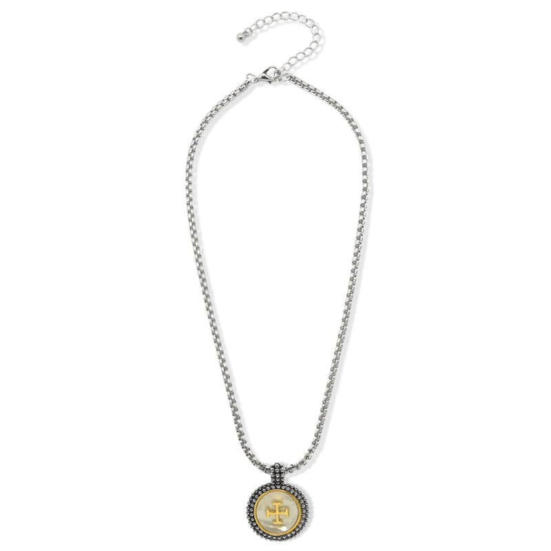 Two-Tone Mother of Pearl or Enamel Round Pendant Box Chain Necklace