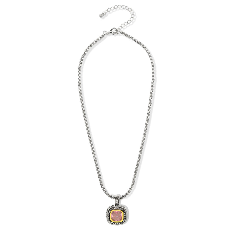 Two-Tone Crystal Square Pendant Box Chain Necklace