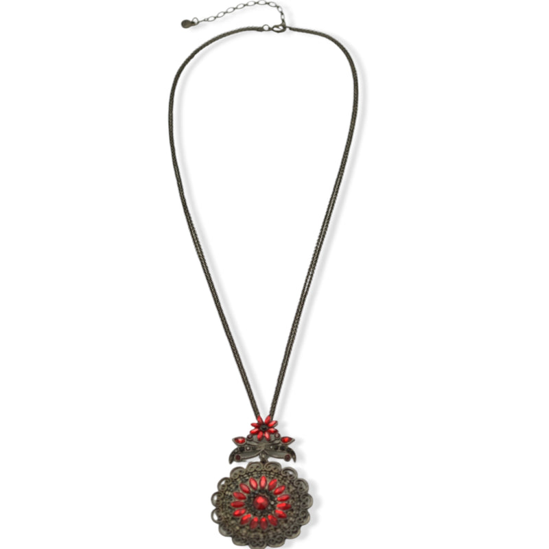 Hematite-Tone Necklace with Red Crystal Filigree Pendant