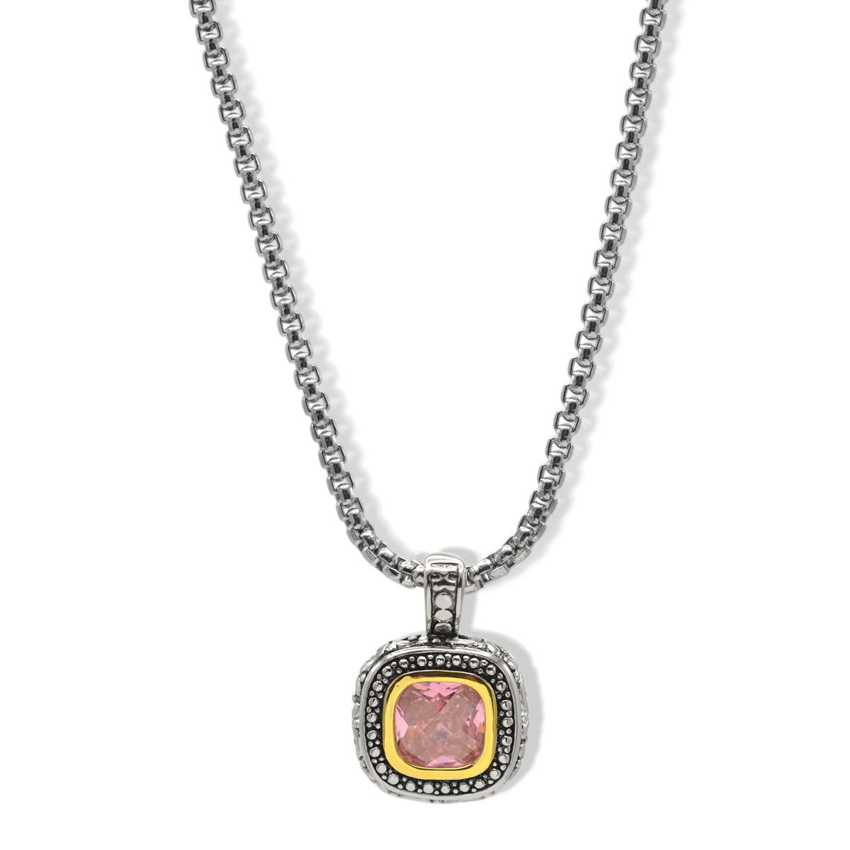 Two-Tone Crystal Square Pendant Box Chain Necklace #23172EH
