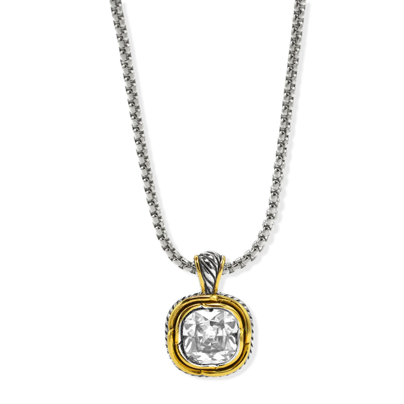 Two-Tone Crystal Square Pendant Box Chain Necklace