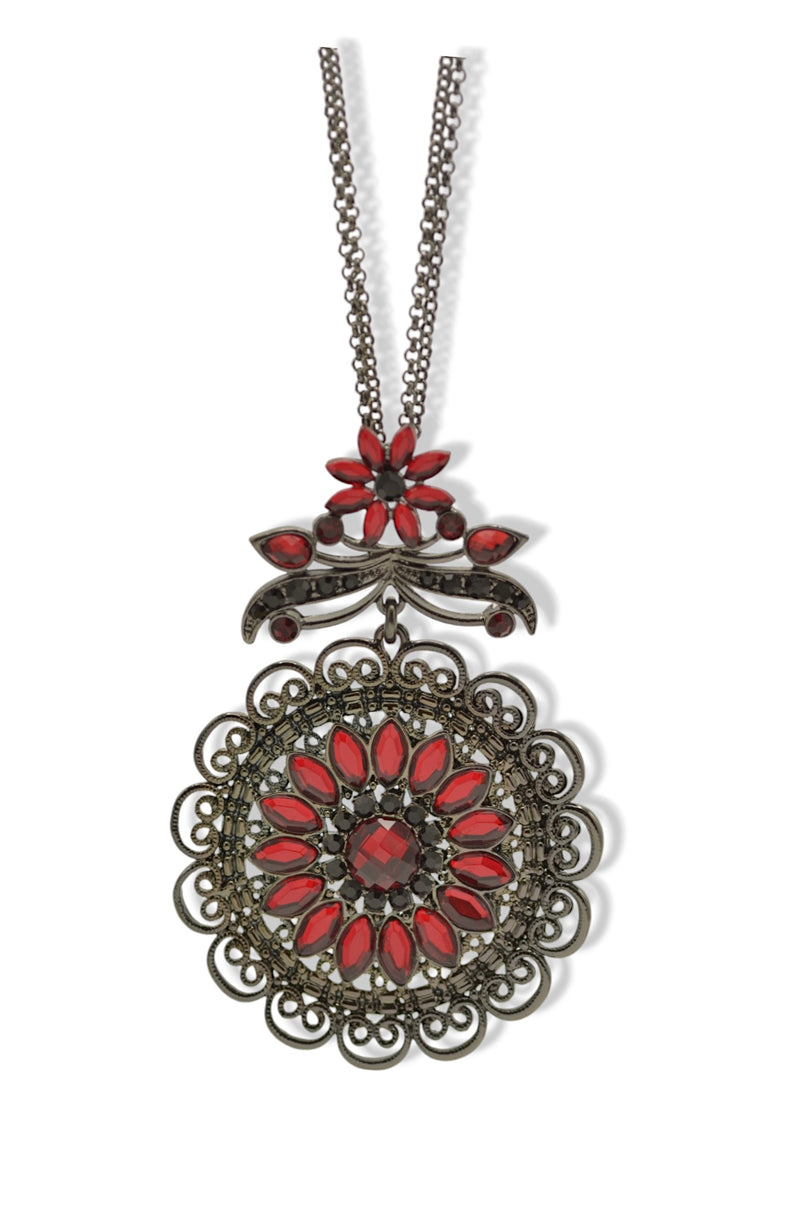 Hematite-Tone Necklace with Red Crystal Filigree Pendant