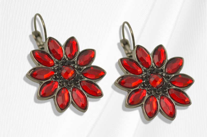 Red Crystal Flower Charm hematite Earrings