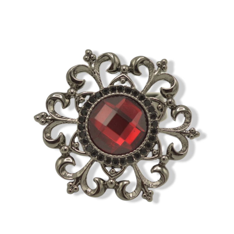 Black-Tone Metal Adjustable Ring with Red Faceted Stone