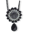 Black Metal Necklace with Clear Crystal and Black Faceted Teardrop Pendant