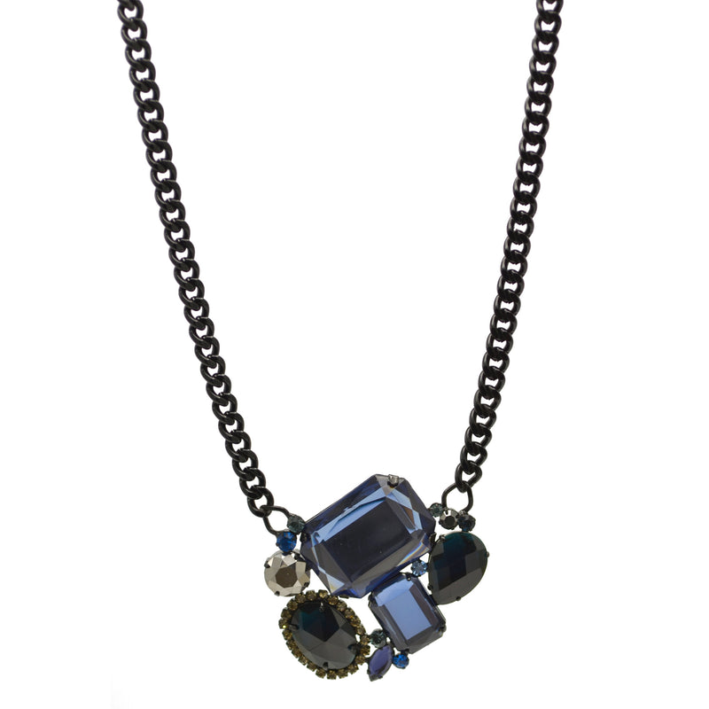 Black Metal Necklace with Multi-Color Faceted Crystals