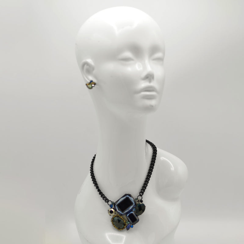 Black Metal Necklace with Multi-Color Faceted Crystals