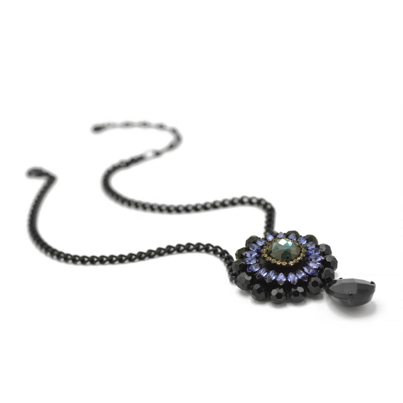 Black Metal Necklace with Amethyst Crystal and Black Faceted Teardrop Pendant