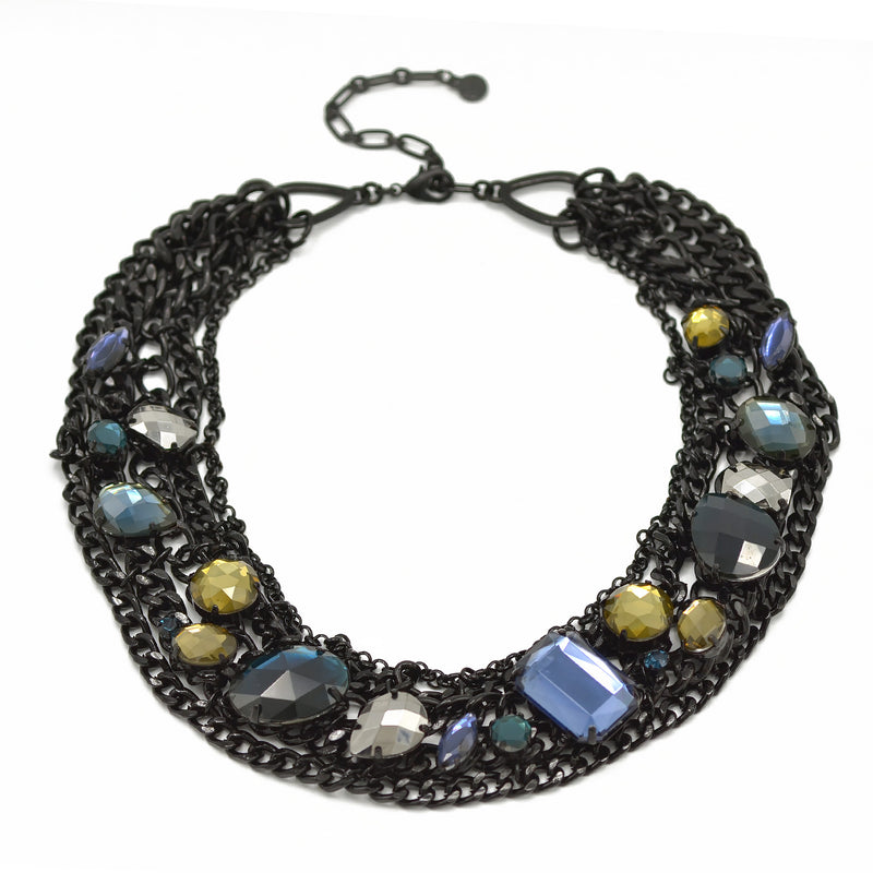 Black Metal Necklace With Multi color Faceted crystal necklace