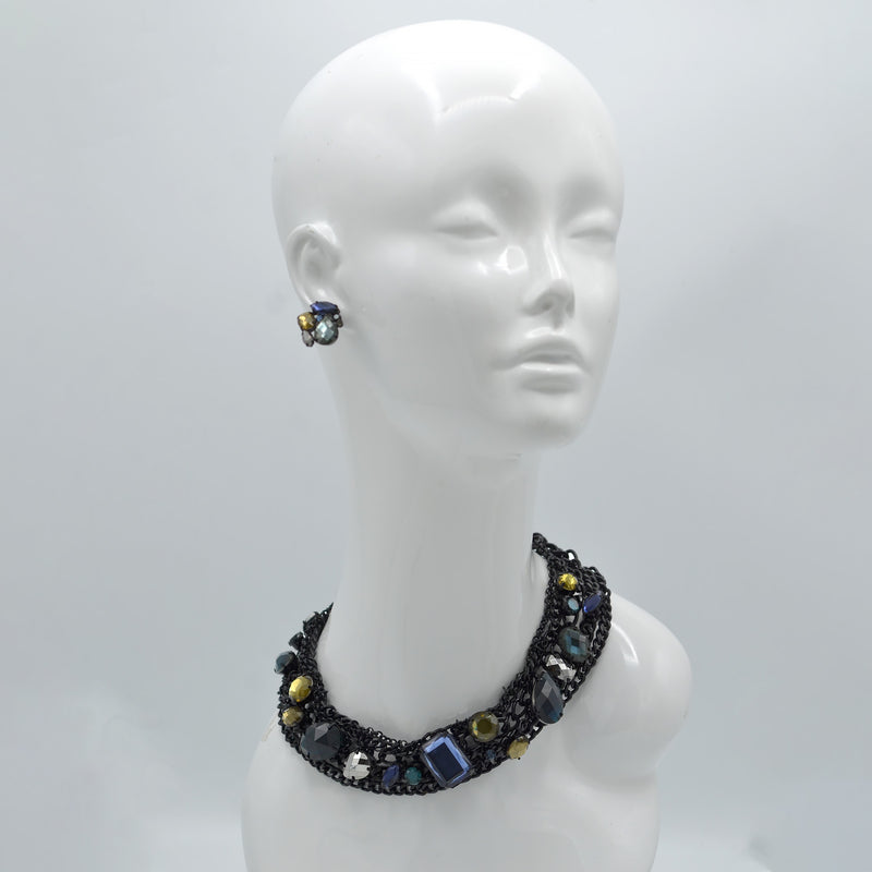 Black Metal Necklace With Multi color Faceted crystal necklace