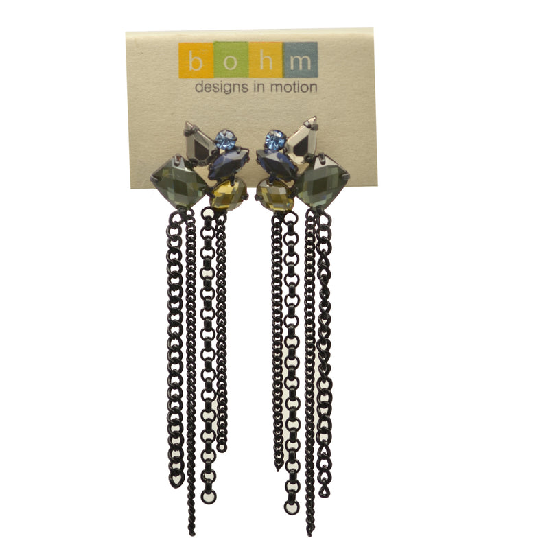 Black Metal tassel Earrings With Multi-Color Faceted Crystals