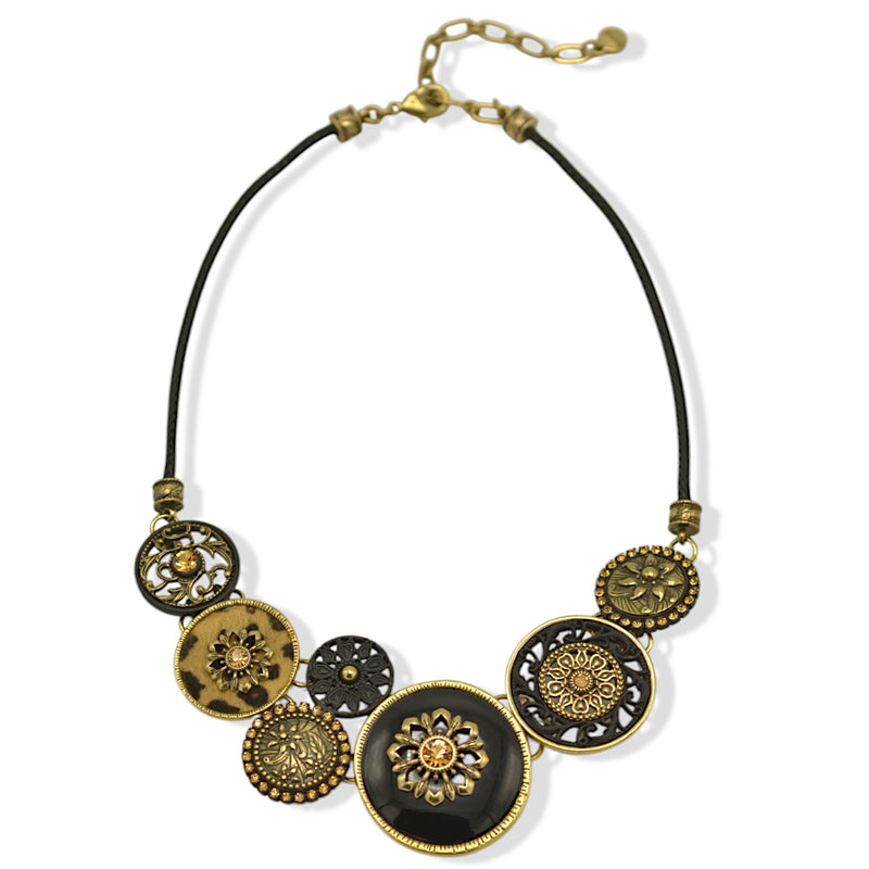 Black Metal Necklace with Gold Oxidized  Round Crystal Pendants and Black Metal Chain