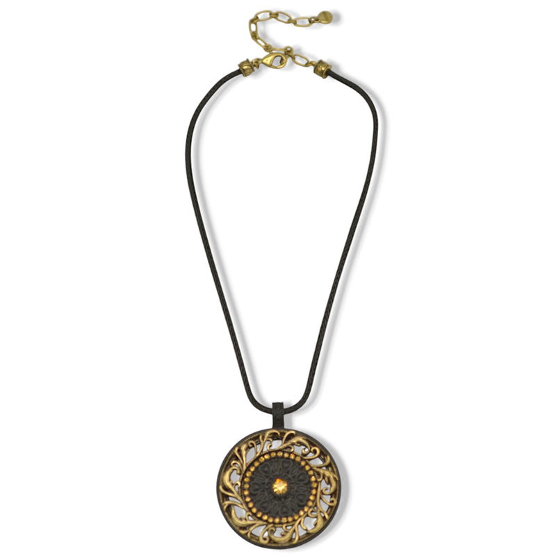 Black Metal Necklace with Gold Oxidized Filigree Round Crystal Pendant