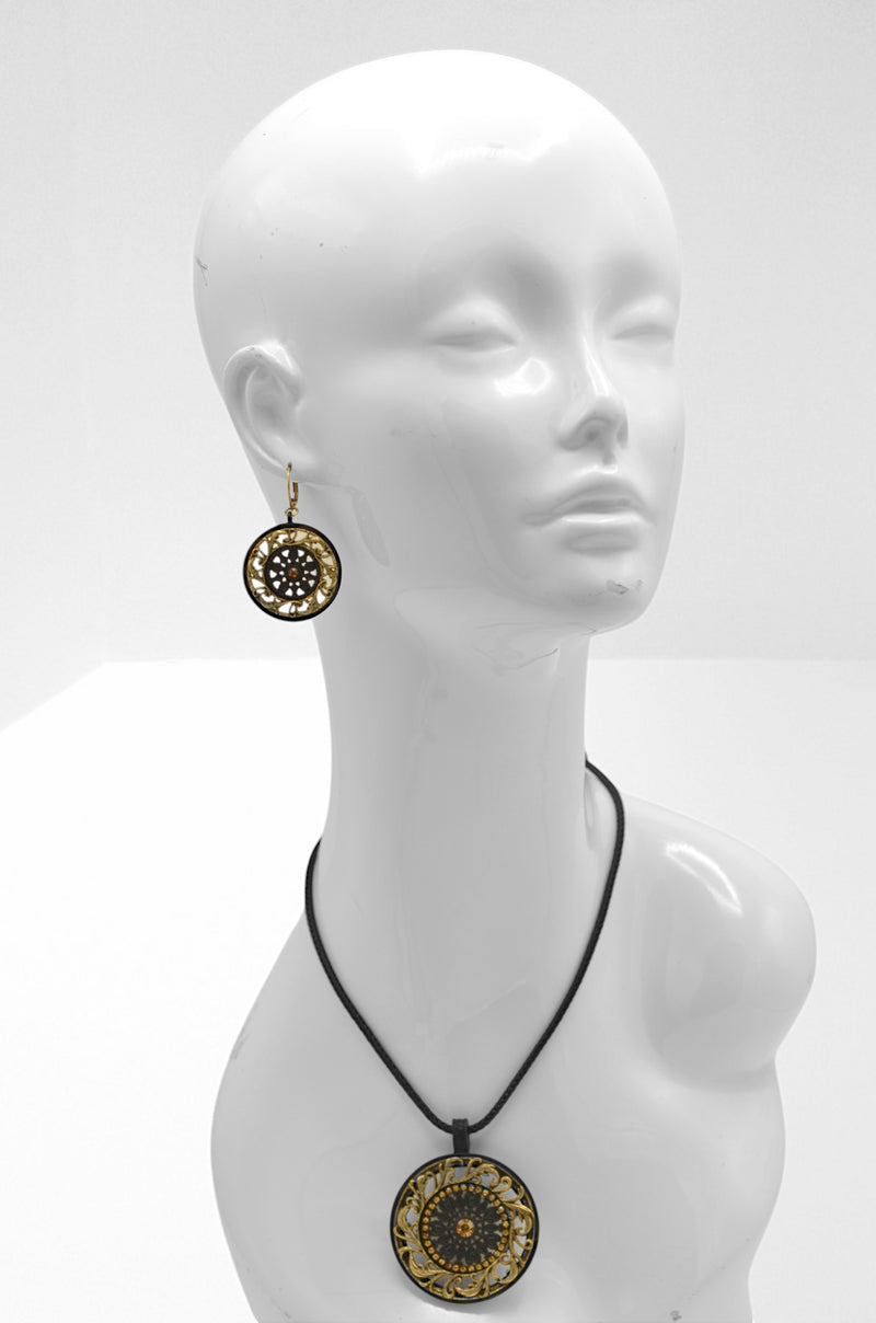 Black Metal Necklace with Gold Oxidized Filigree Round Crystal Pendant