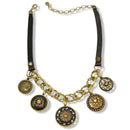 Black Metal Necklace with Leather Strap, Gold Oxidized Charms, and Filigree Crystal Pendant