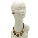 Black Metal Necklace with Leather Strap, Gold Oxidized Charms, and Filigree Crystal Pendant