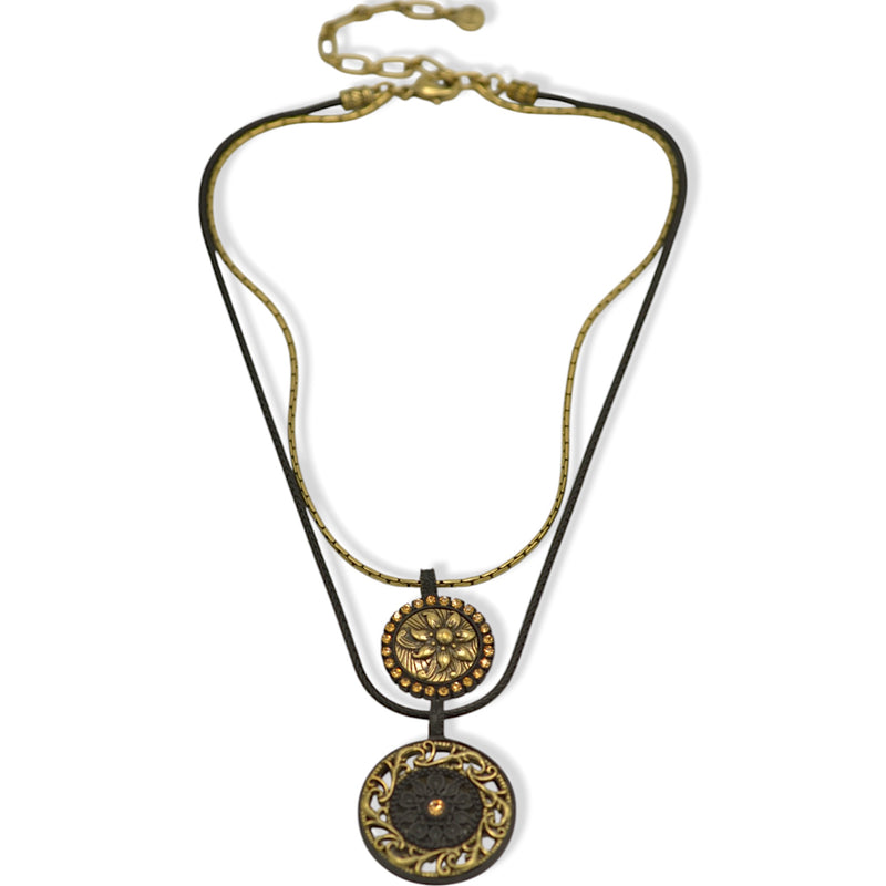 Black Metal Two-Layer Necklace with Gold Oxidized Filigree Round Crystal Pendant