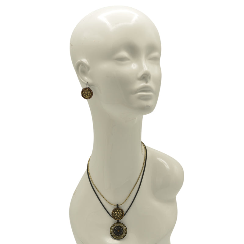 Black Metal Two-Layer Necklace with Gold Oxidized Filigree Round Crystal Pendant