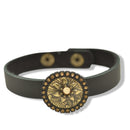 Gold Oxidized Filigree Round Crystal Pendant on Black Leather Bracelet