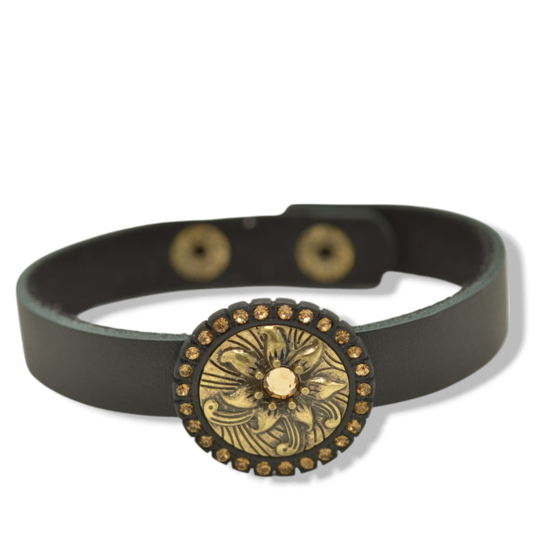 Gold Oxidized Filigree Round Crystal Pendant on Black Leather Bracelet