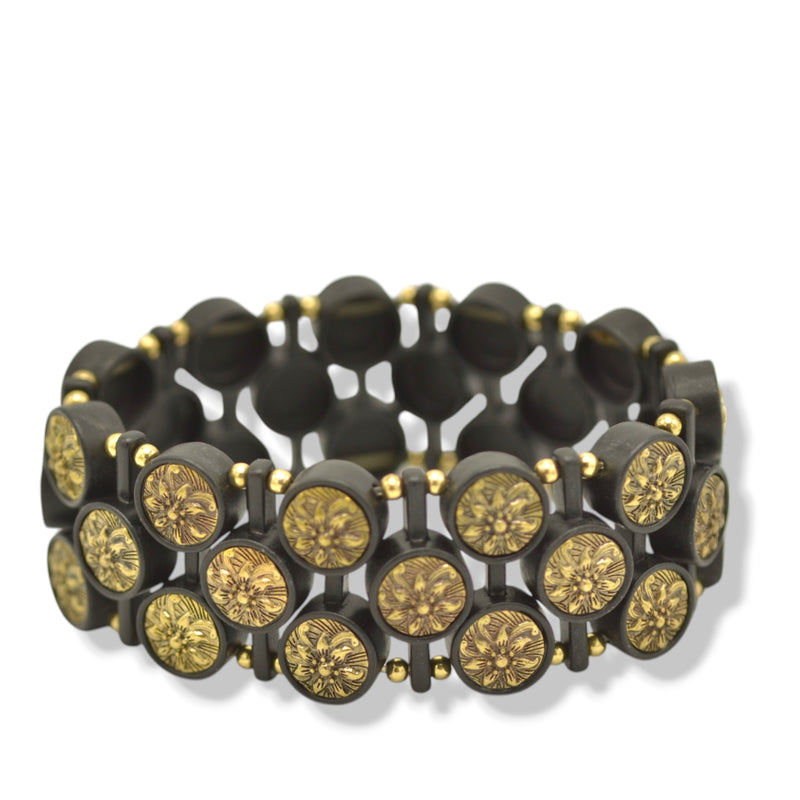 Black Metal Stretch Bracelet with Oxidized Gold Disk Accent