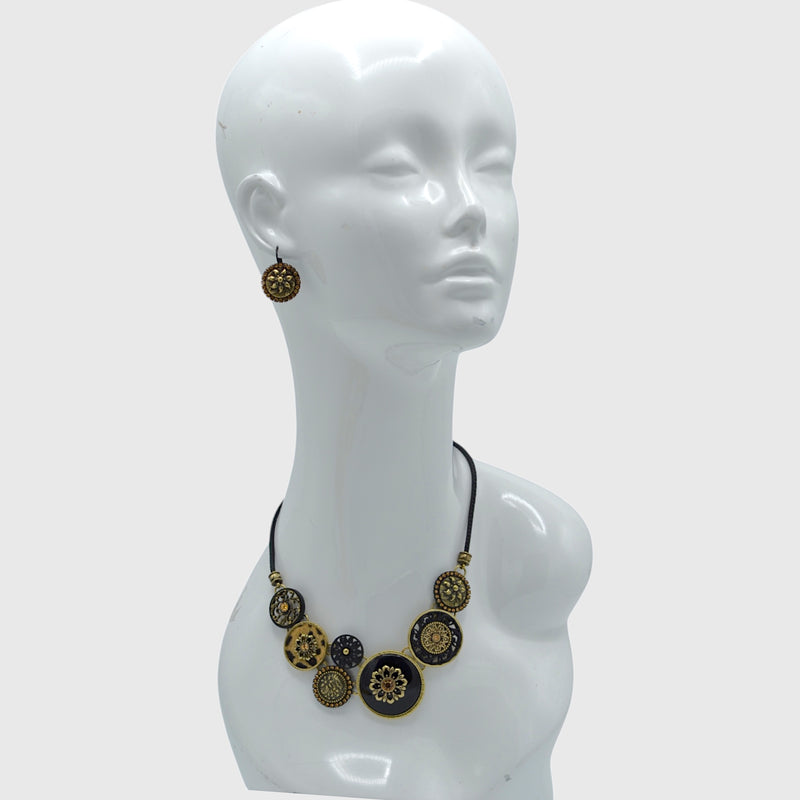 Black Metal Earrings with Gold Oxidized Filigree Round Crystal