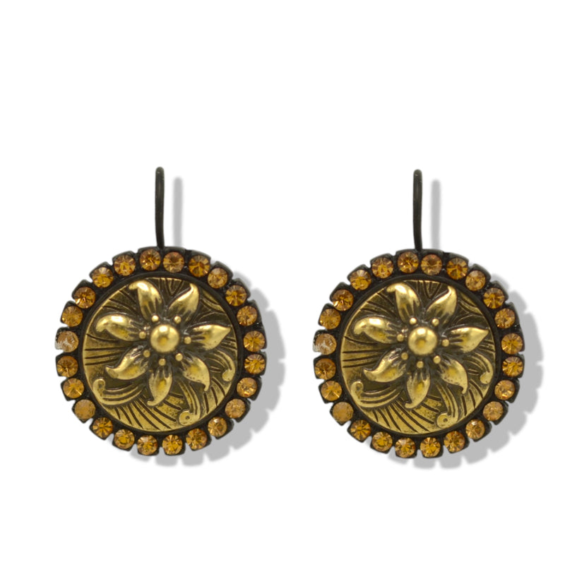 Black Metal Earrings with Gold Oxidized Filigree Round Crystal