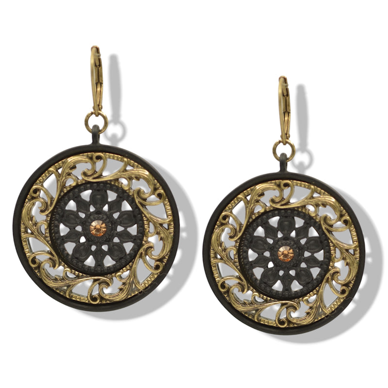 Black Metal with Gold Oxidized Filigree Round Crystal Earrings