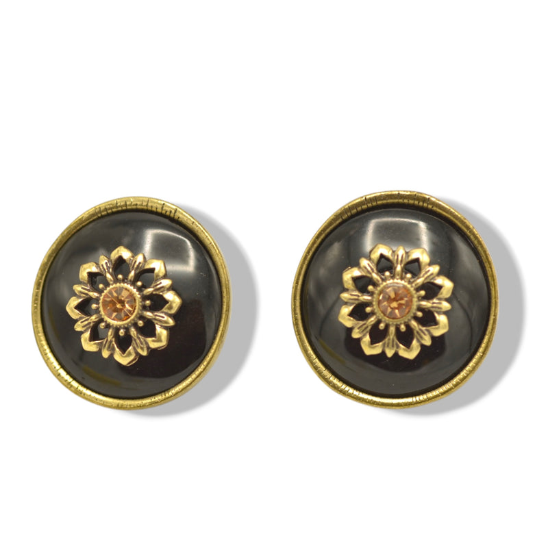 Gold-Tone Metal Earrings with Black Enamel and Crystal Accents