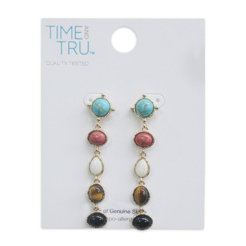 Gold Multi Turquoise, Tiger's Eye and Mother Of Pearl Drop Earrings