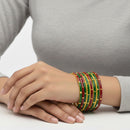 Elegant Green & Maroon Enamel Gold-Plated Bangle Set (7-Piece)