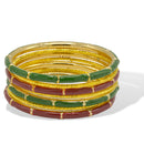 Elegant Green & Maroon Enamel Gold-Plated Bangle Set (7-Piece)