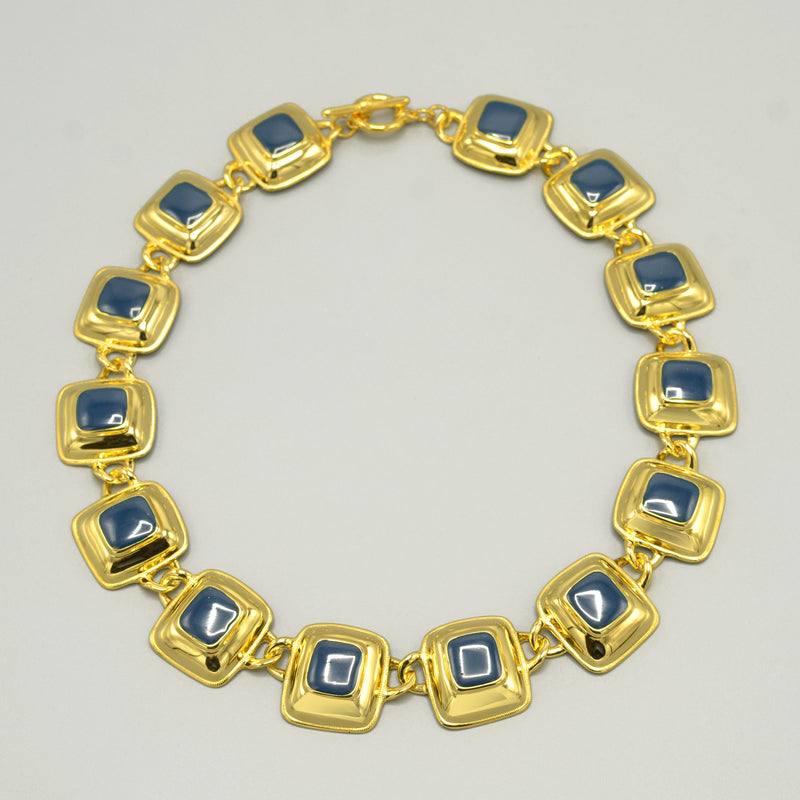 Antique Style Mid-Vintage Large Gold Chain Square Enamel Necklace