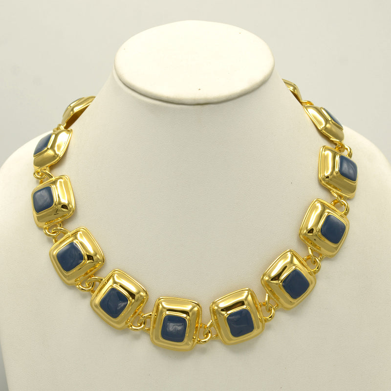 Antique Style Mid-Vintage Large Gold Chain Square Enamel Necklace