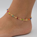 Delicate Gold Beaded Anklet with Multi color Accent Beads – Minimalist Adjustable Chain Anklet